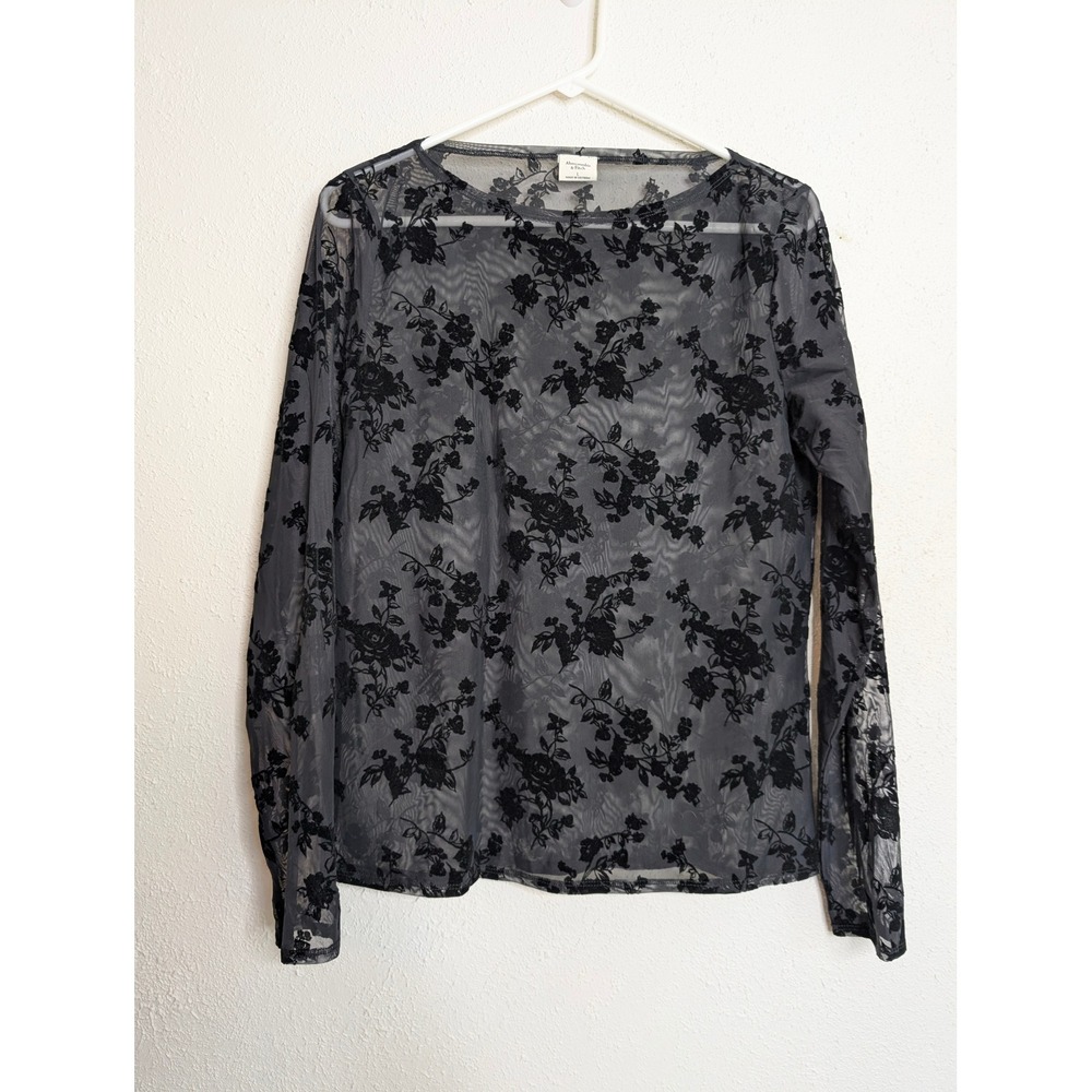 Abercrombie & Fitch Womens Mesh Floral Top Large Black Sheer Long Sleeve Rose